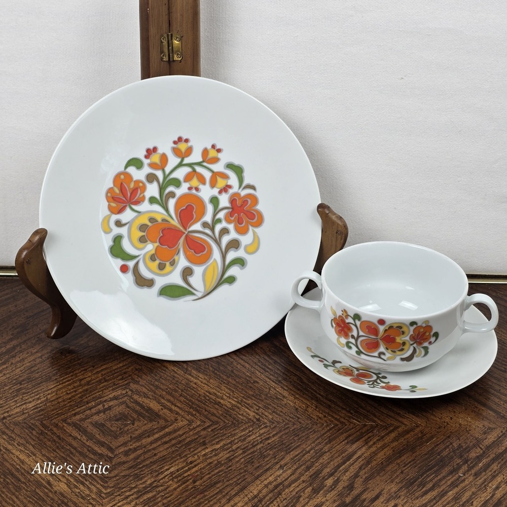 Bareuther Waldsassen Germany Porcelain Cup Saucer Plate Set Flower Floral Orange